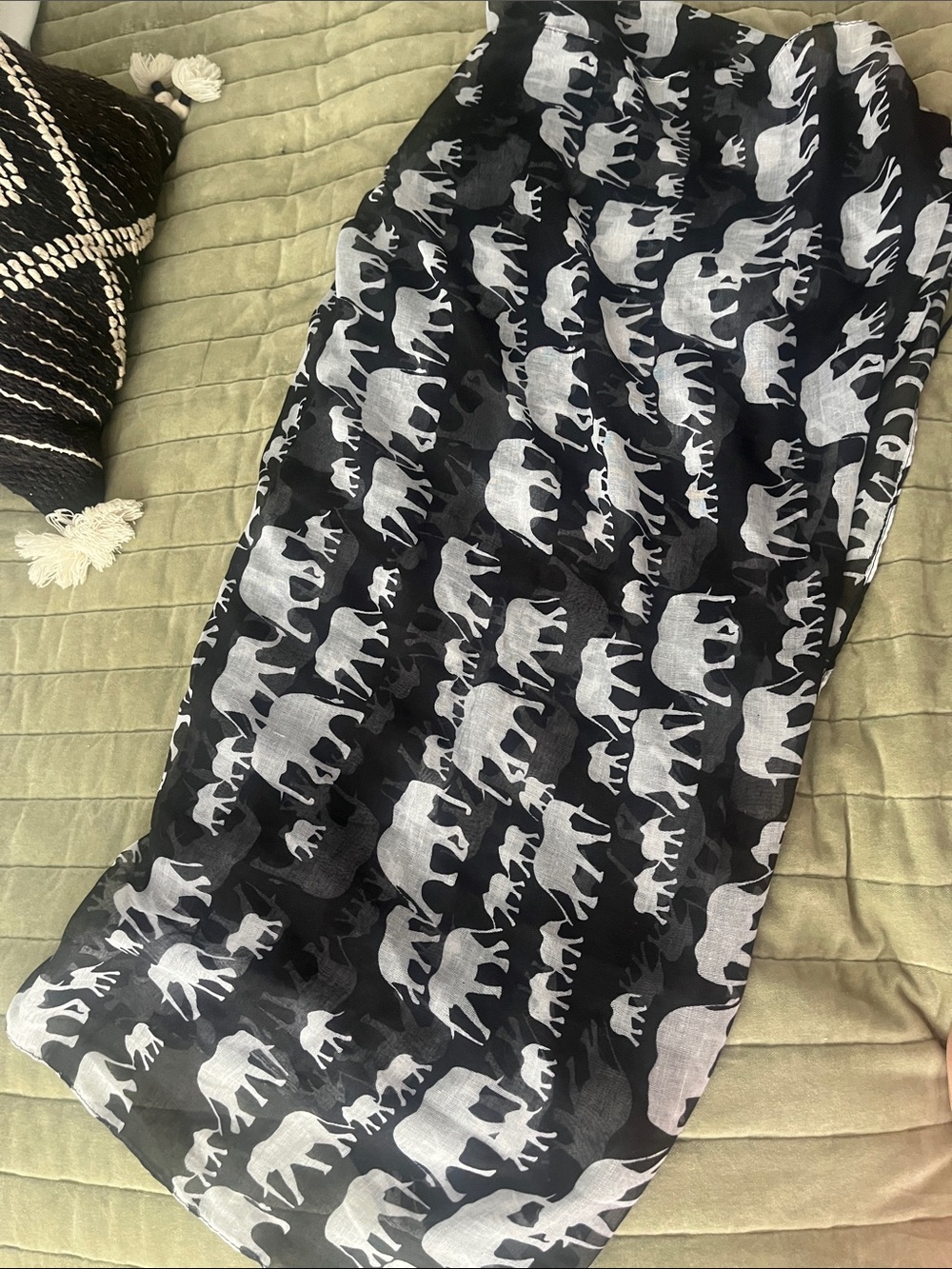 Black Elephant Print Scarf - Grey & Black